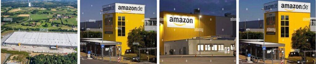 Aerial view of Amazon warehouse facility and surrounding landscape in daytime.